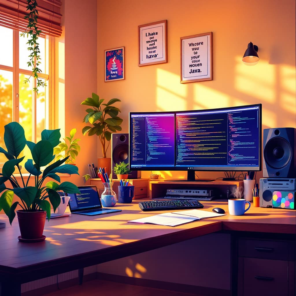 AI generated: Create a vibrant digital illustration of a modern freelance Java software developer's workspace. The...