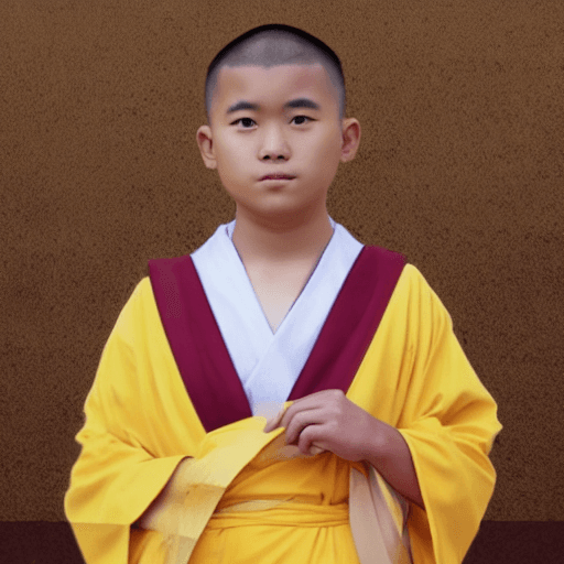 AI generated: Use my profile picture to create a picture of a young Buddhist monk standing and wearing yellow robe...