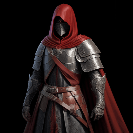 AI generated:  man cleric from the Middle Ages, with face covered by shade of dark-red hood, scaled armour ceremon...