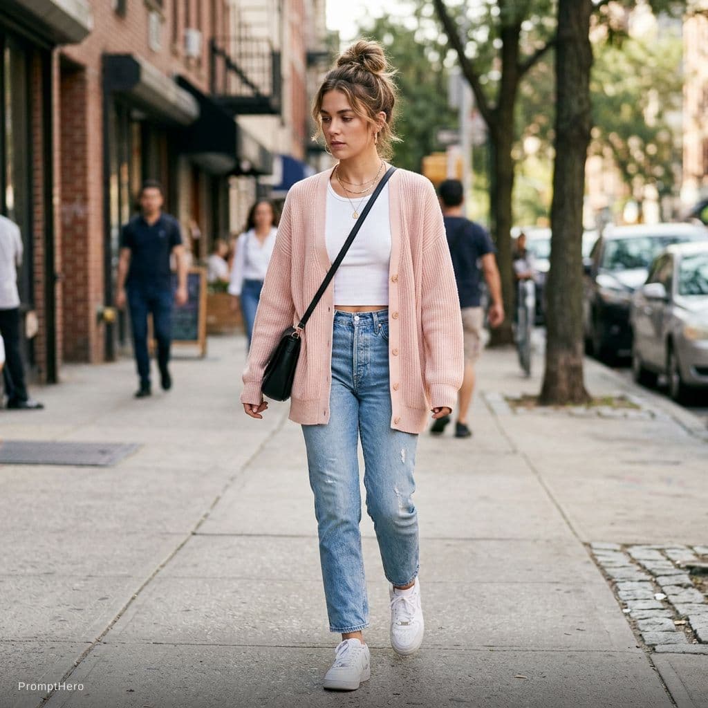 AI generated: A photorealistic full-body shot, walking confidently on a city sidewalk, captured in natural dayligh...
