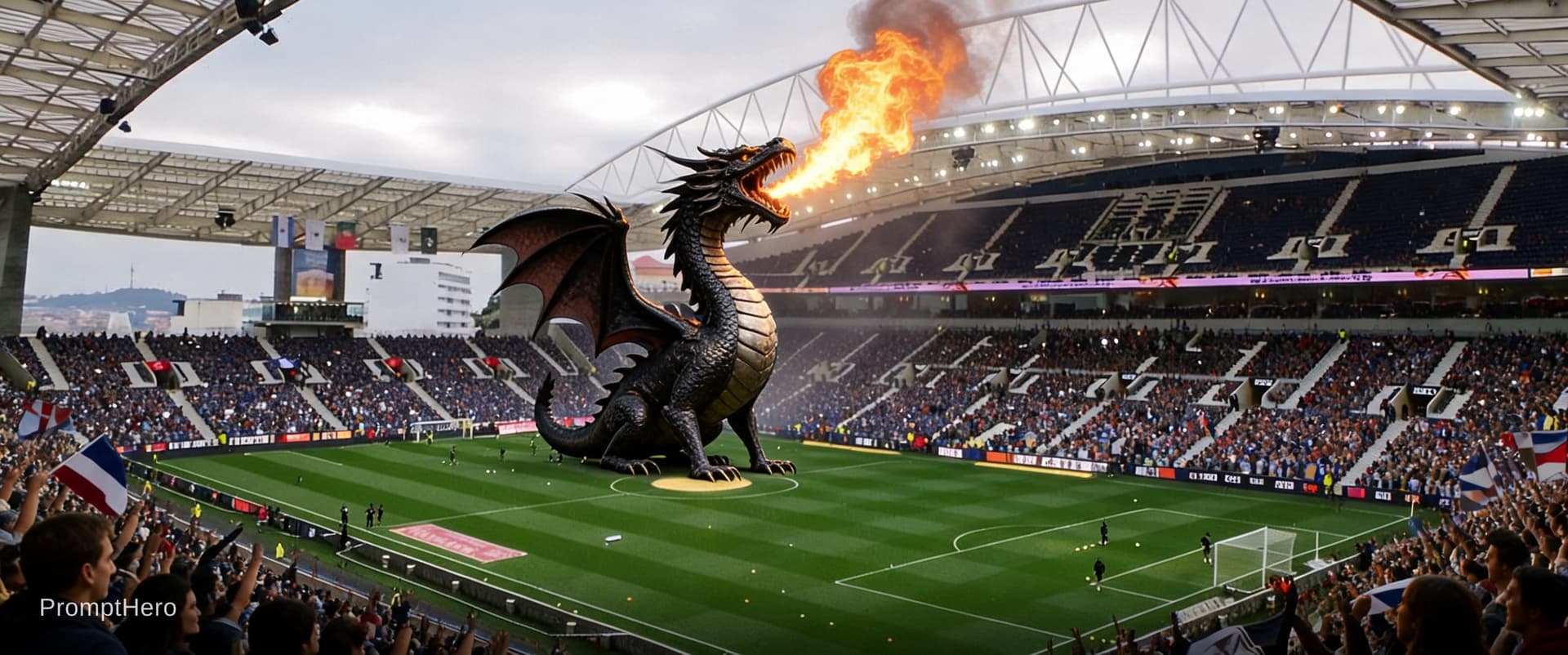 AI generated: A majestic dragon figure stands in the center of the field.
The dragon is breathing fire from its mo...