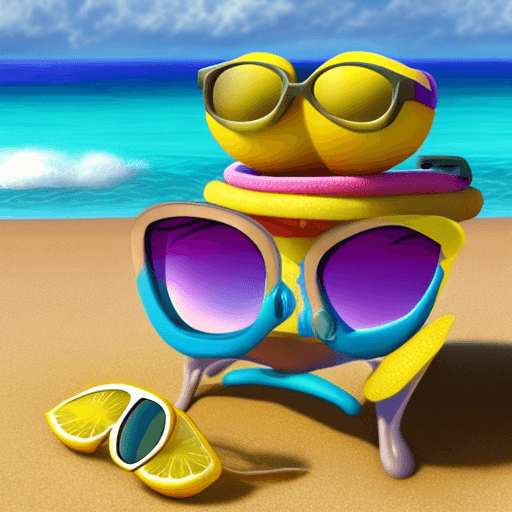 AI generated: A Pixar-style 3D lemon character relaxes on a sunny beach wearing sunglasses, against a backdrop of ...