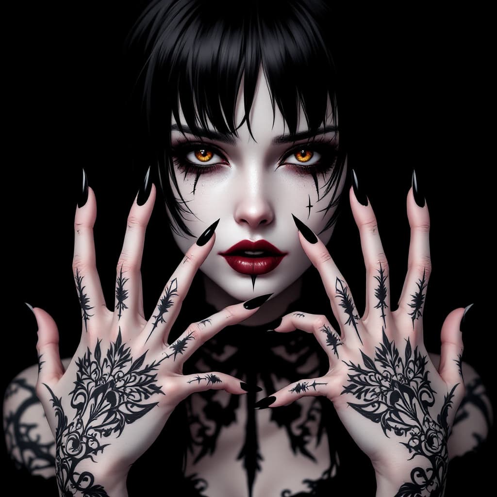 AI generated: gothic anime style, a Girl is cold and arrogant, pale skin, tattoos, white makeup, long sharp black ...