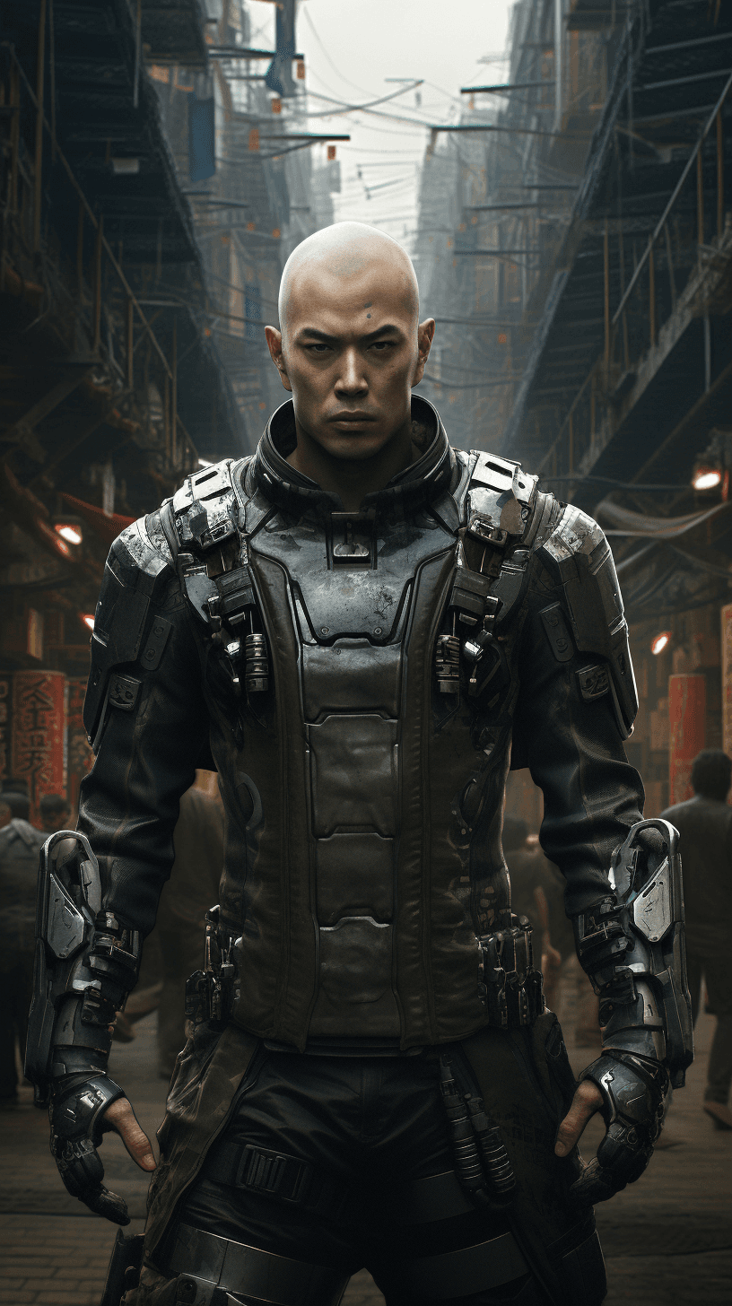 AI generated: (masterpiece, best quality, detailed)), outdoor arena, wind_lift, asian Wu Jing as cyberpunk soldier...