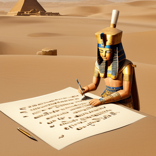 AI generated: A little scribe writing on a papyrus paper with an ancient egyptian monument in the background deser...