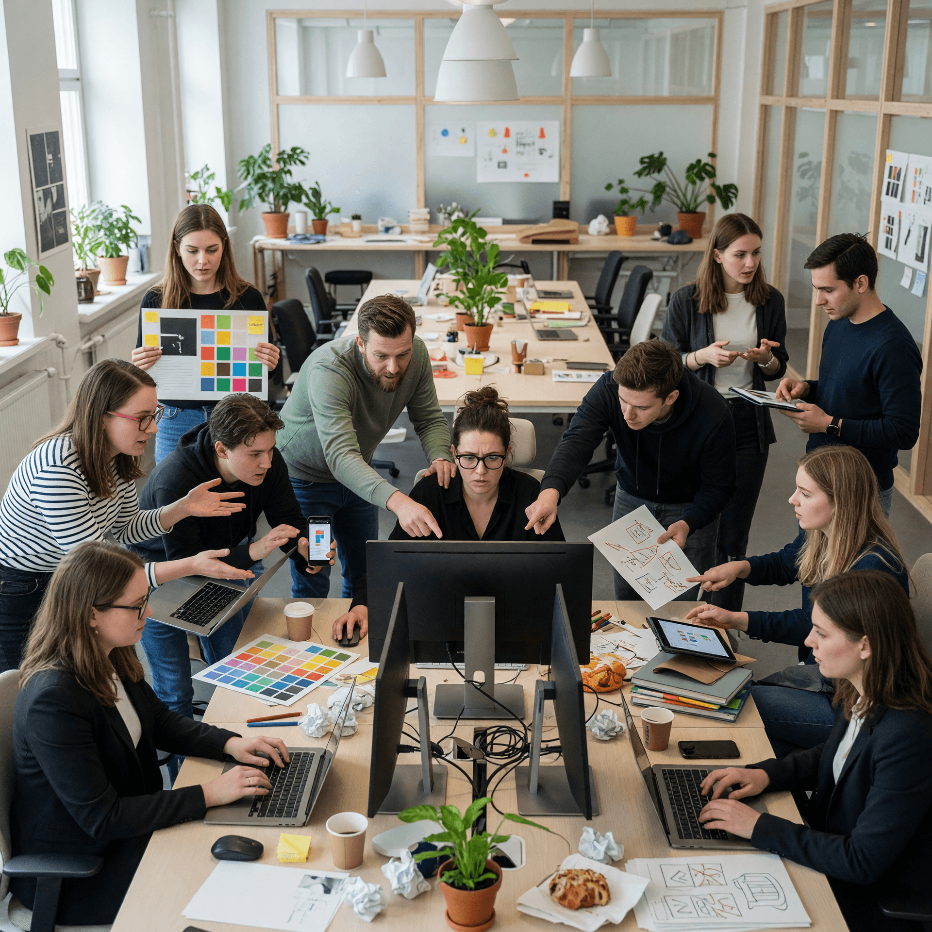 AI generated: A hyper-realistic modern creative agency office during a deadline. One experienced designer sits at ...
