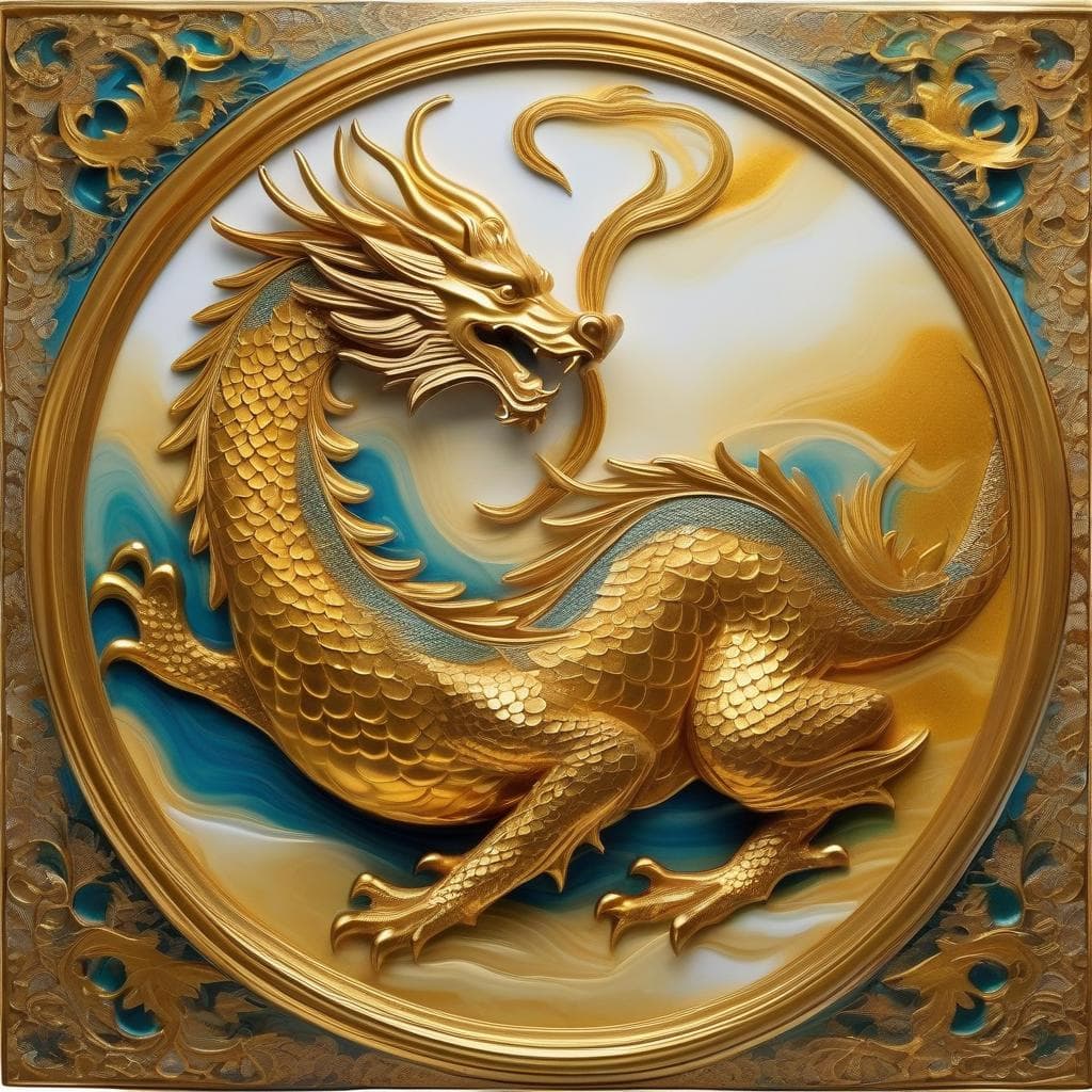 AI generated: Dragon, diffuse lighting, intricate, elegant, highly detailed, Ebru style painting, golden frame