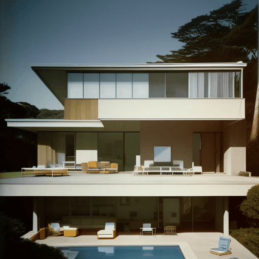 AI generated: Hyper realistic eye level exterior photo of a mid century modern style house overlooking the ocean, ...