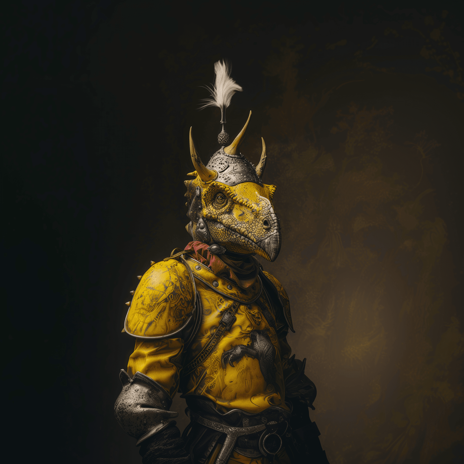 AI generated: yellow dinosaur wearing mid european ancient helmet and armour, war background, 8k, 3d render, in th...