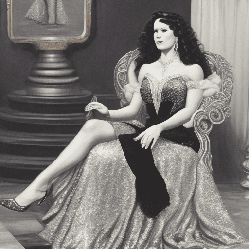 AI generated: An image of a woman seated with poise in a grand interior. She crosses her right leg over her left, ...