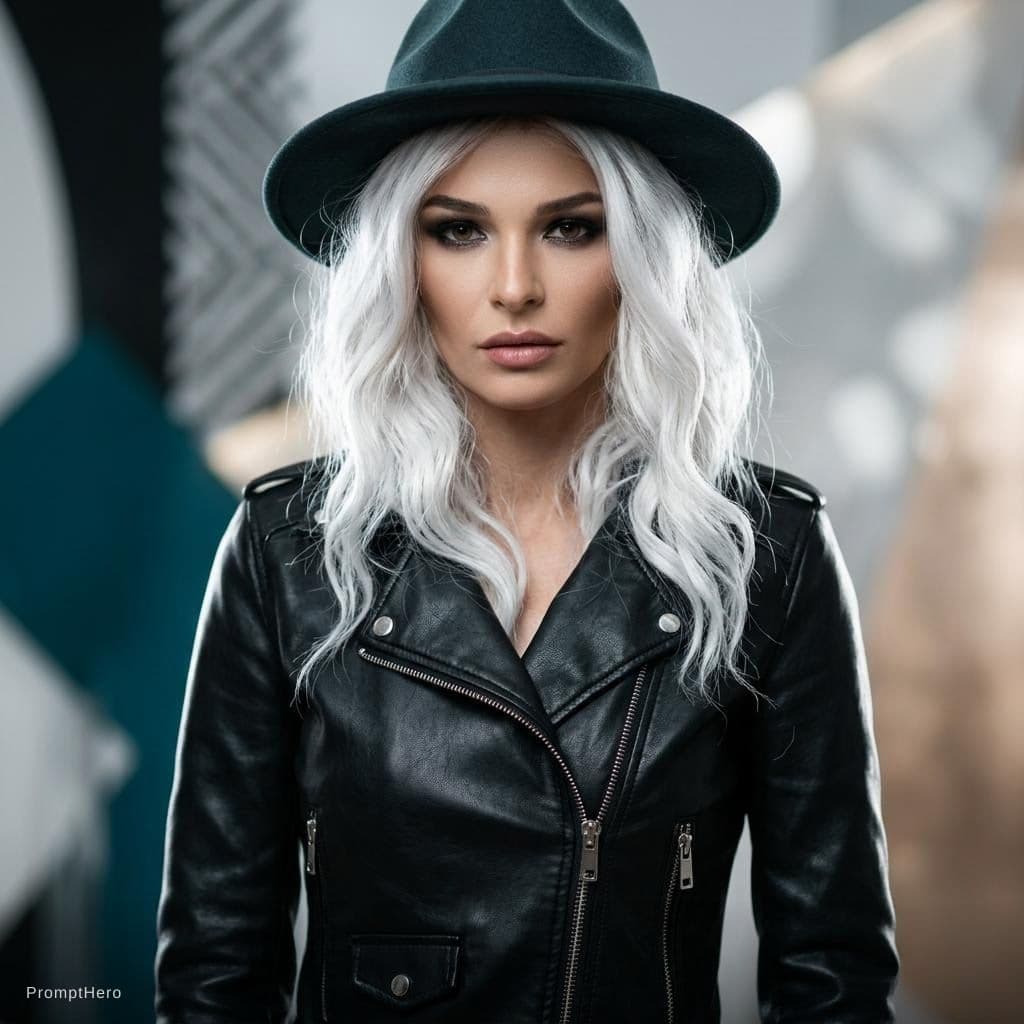 AI generated: a woman with white hair wearing a tight black jacket and a hat, in the style of mashup of styles, li...