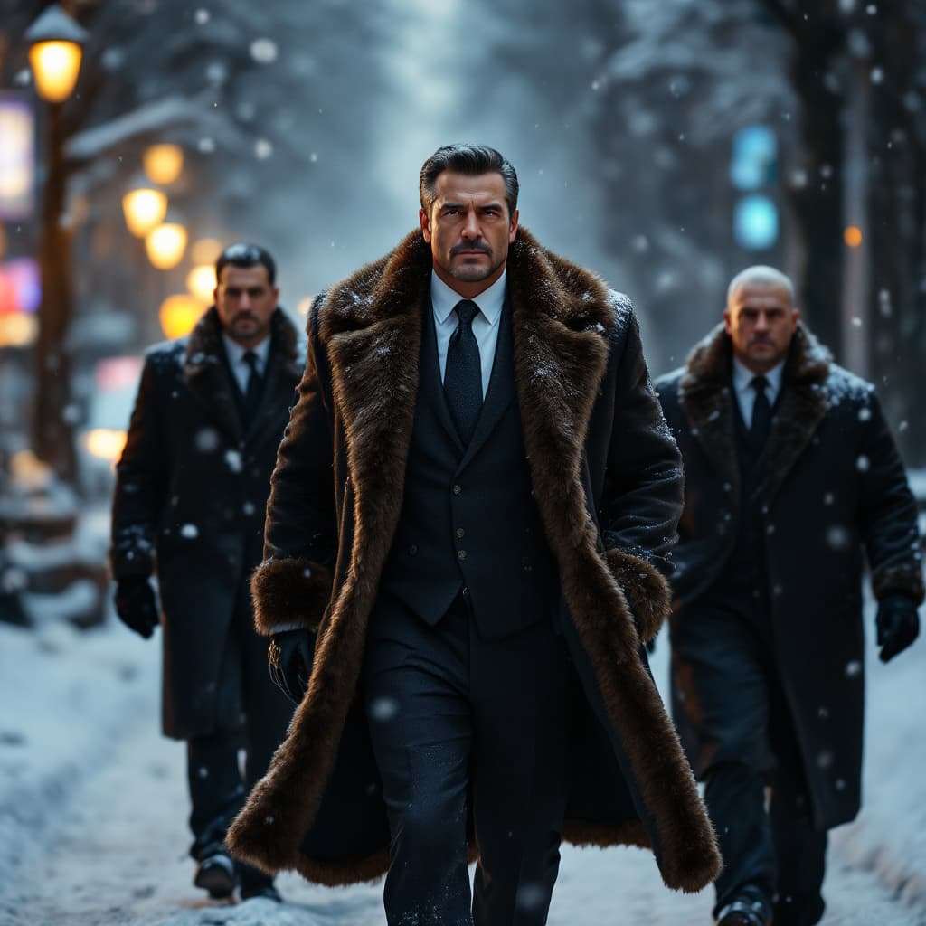 AI generated: A powerful businessman, draped in a luxurious fur-trimmed suit, strides confidently down a snow-cove...