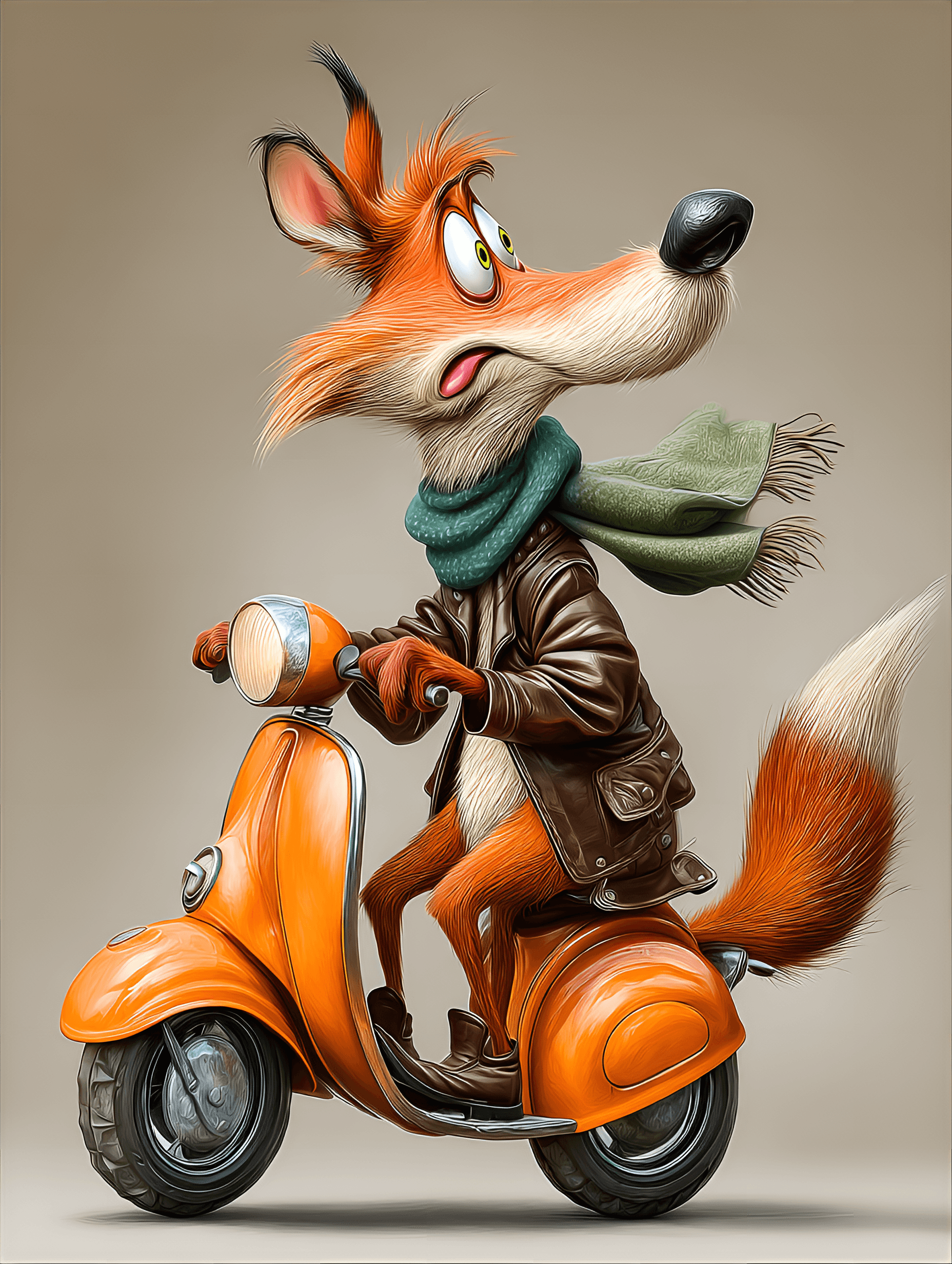 AI generated: funny caricature, stylish fox on scooter caricature, adult fox, 4 years
