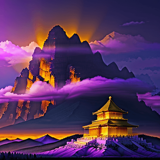 AI generated: Yellow mountains, purple clouds, temple of light










