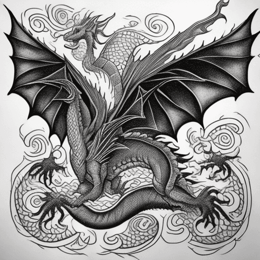 AI generated: A blackwork style tattoo design, a complete dragon flying