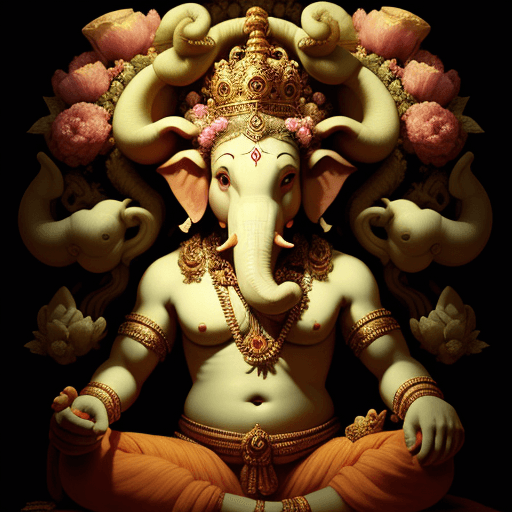 AI generated: portrait of Lord Ganesha in the underworld, surrounded by flowers king, genie, tom, rococo, contempo...