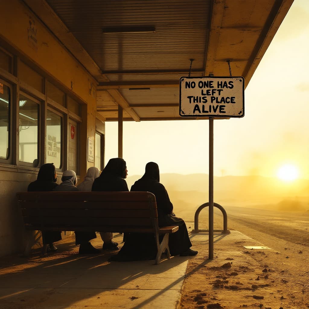 AI generated: wide shot, front shot  of a bus station located in the middle of the dessert, is sunset , dusty envi...
