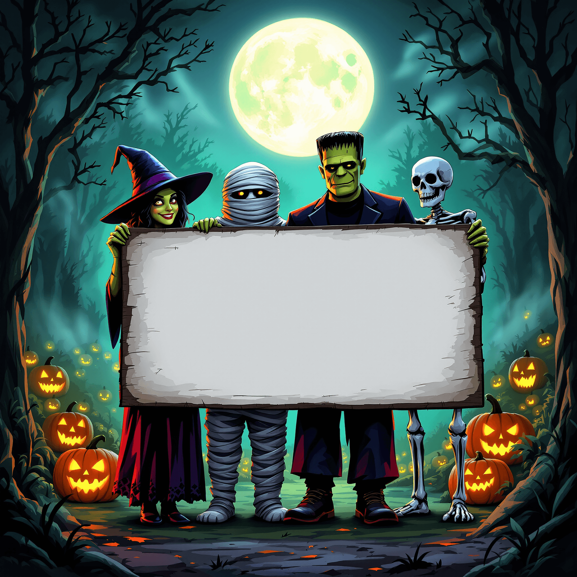 AI generated: /imagine prompt:A digital illustration of a witch, a mummy, a Frankenstein, and a skeleton, standing...