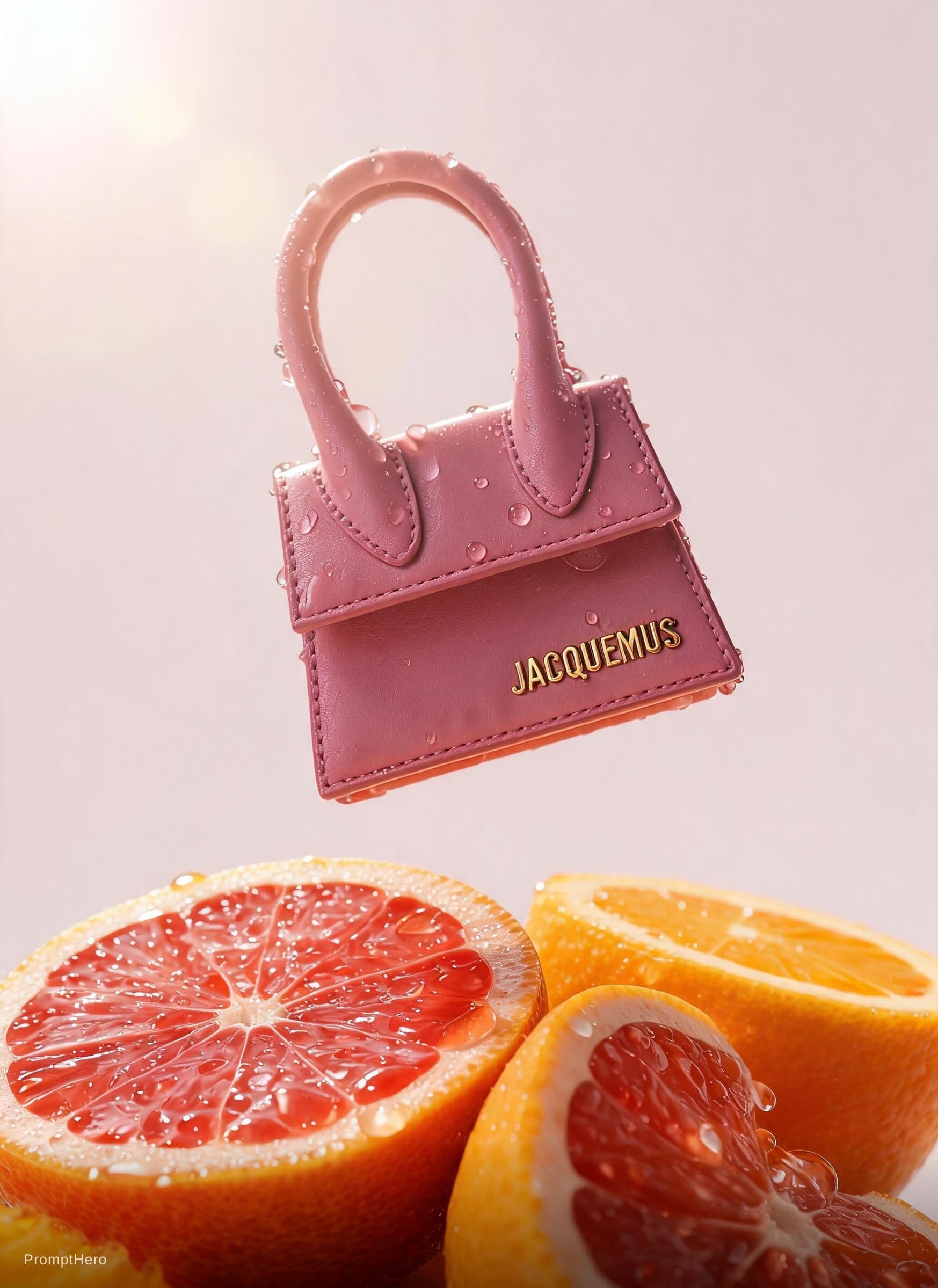 AI generated: Luxury handbag floating above fresh citrus fruits, surreal fashion advertisement, soft glowing sunli...