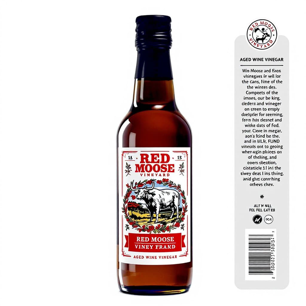AI generated: Complete label design for aged wine vinegar from "Red Moose Vineyard"