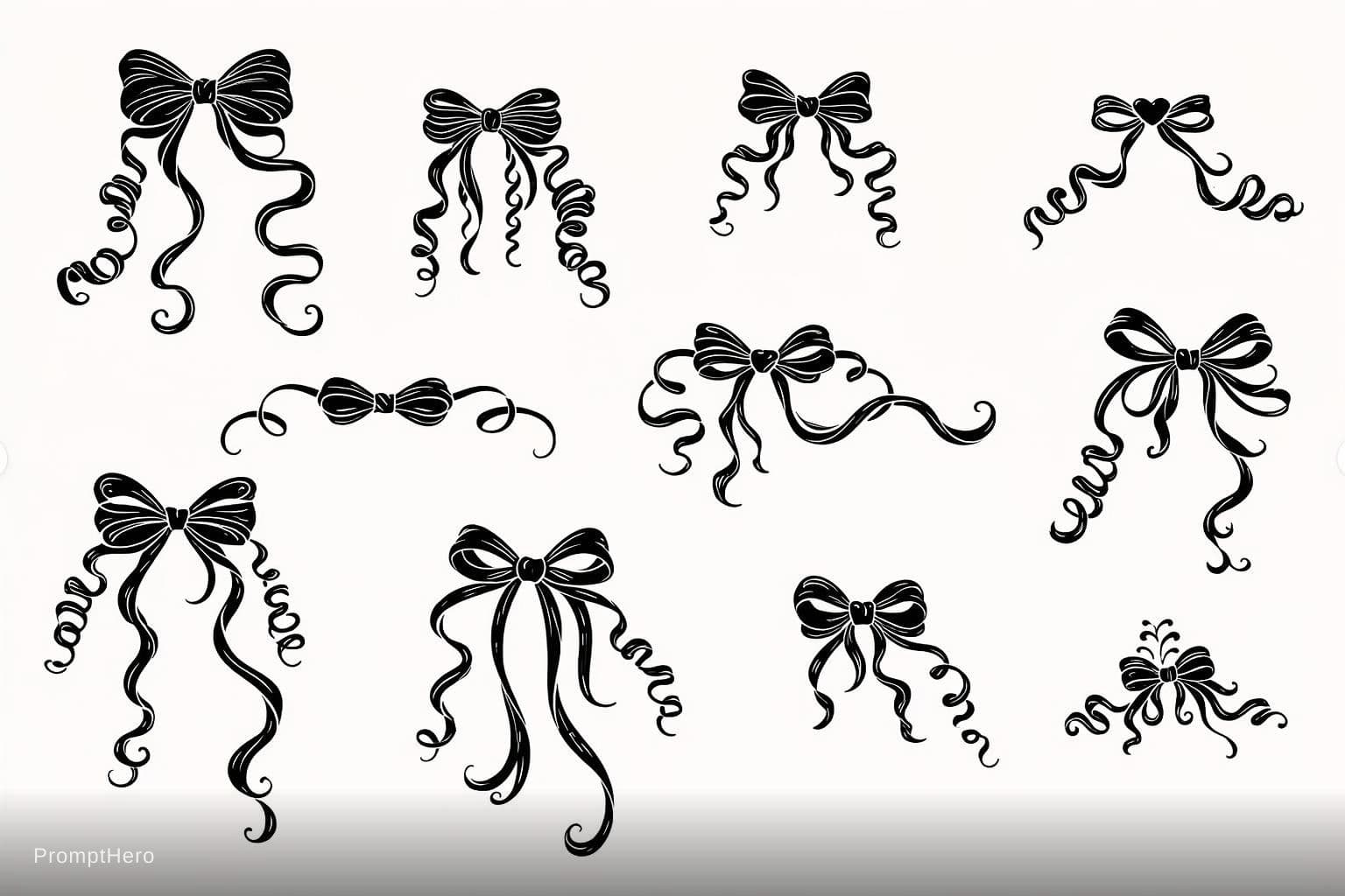 AI generated: "Black and white vector clipart sheet, exactly 10 hand-drawn coquette ribbon bows in line art + soli...