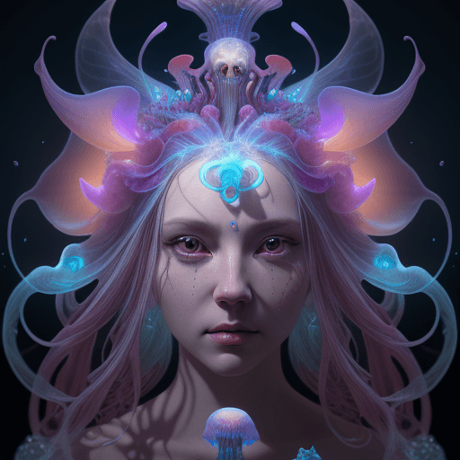 AI generated: Goddess close-up portrait ribcagel. jellyfish phoenix head, nautilus, orchid, skull, betta fish, bio...