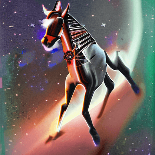 AI generated: A fearless space  serious face as a cowboy riding a sleek  white horse through a cosmic nebula, a tr...