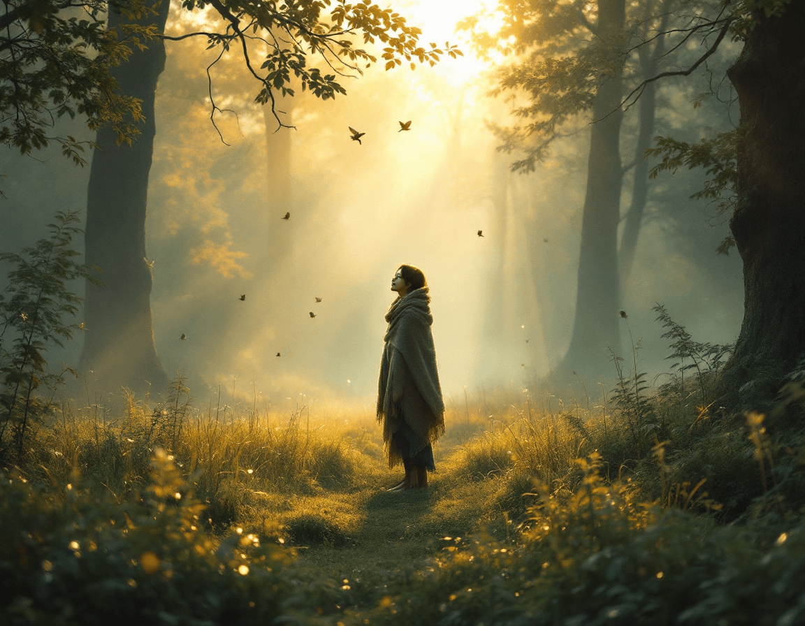 AI generated: A soft, misty forest just before sunrise, rendered in serene realism with warm, painterly textures. ...