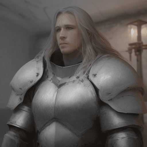 AI generated: Ryan Gosling A white male muscular armored Knight  in the snowy castle walls . He has a special plat...