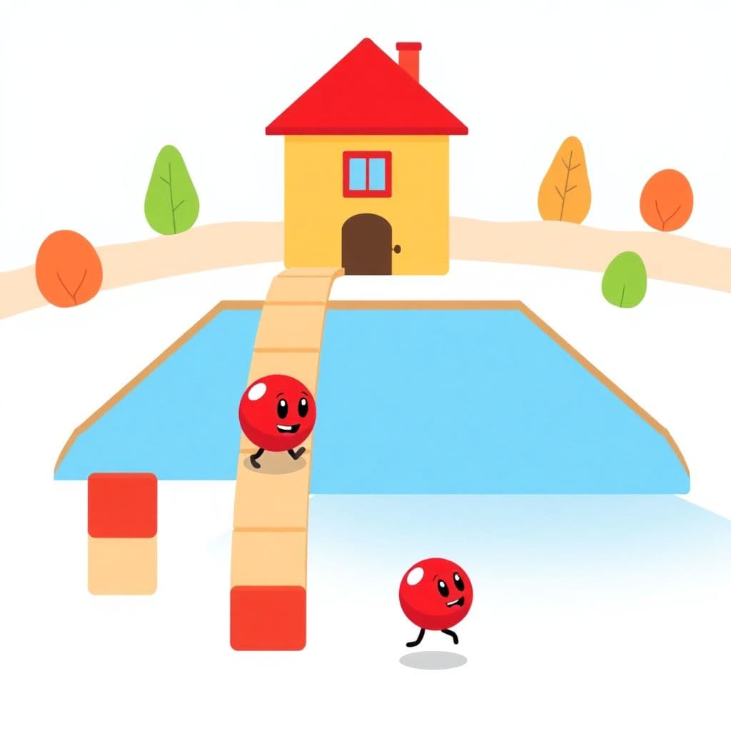 AI generated: A flat illustration of 2 red marbles happily playing aound a house of blocks , one of them sliding d...