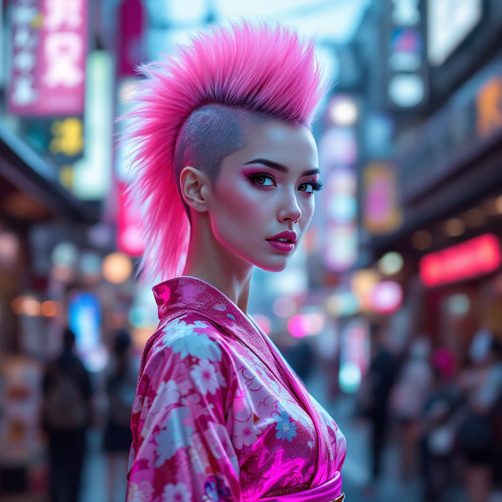 AI generated: Photo of an ultra-realistic full-body woman in a neon kimono with a pink Mohawk hairstyle, the backg...