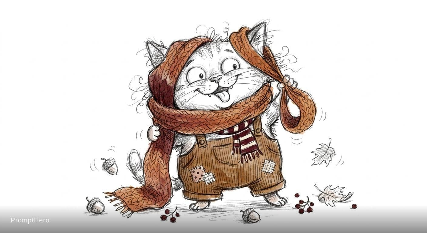 AI generated: a messy, scribbly pencil sketch of a funny, caricatured, anthropomorphic, whimsical, adorable cat ch...