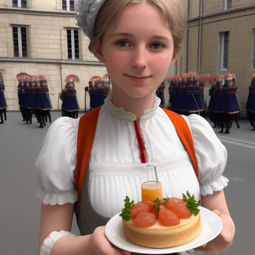 AI generated: Élisabeth Borne  tres vielle, nommé a l'academie francaise en habit de parade. un pateu avec gateaux...