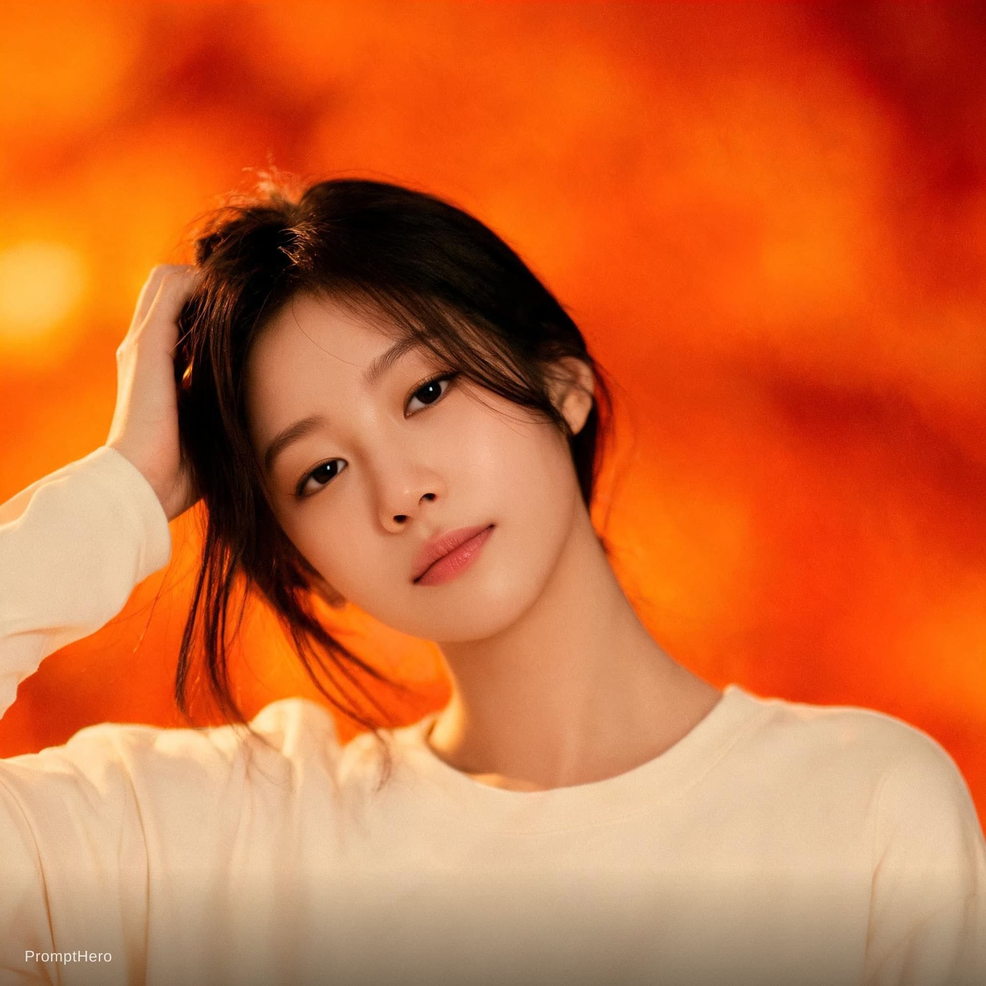 AI generated: Cinematic vertical video (9:16), single Korean female model posing in a studio. Solid orange backdro...