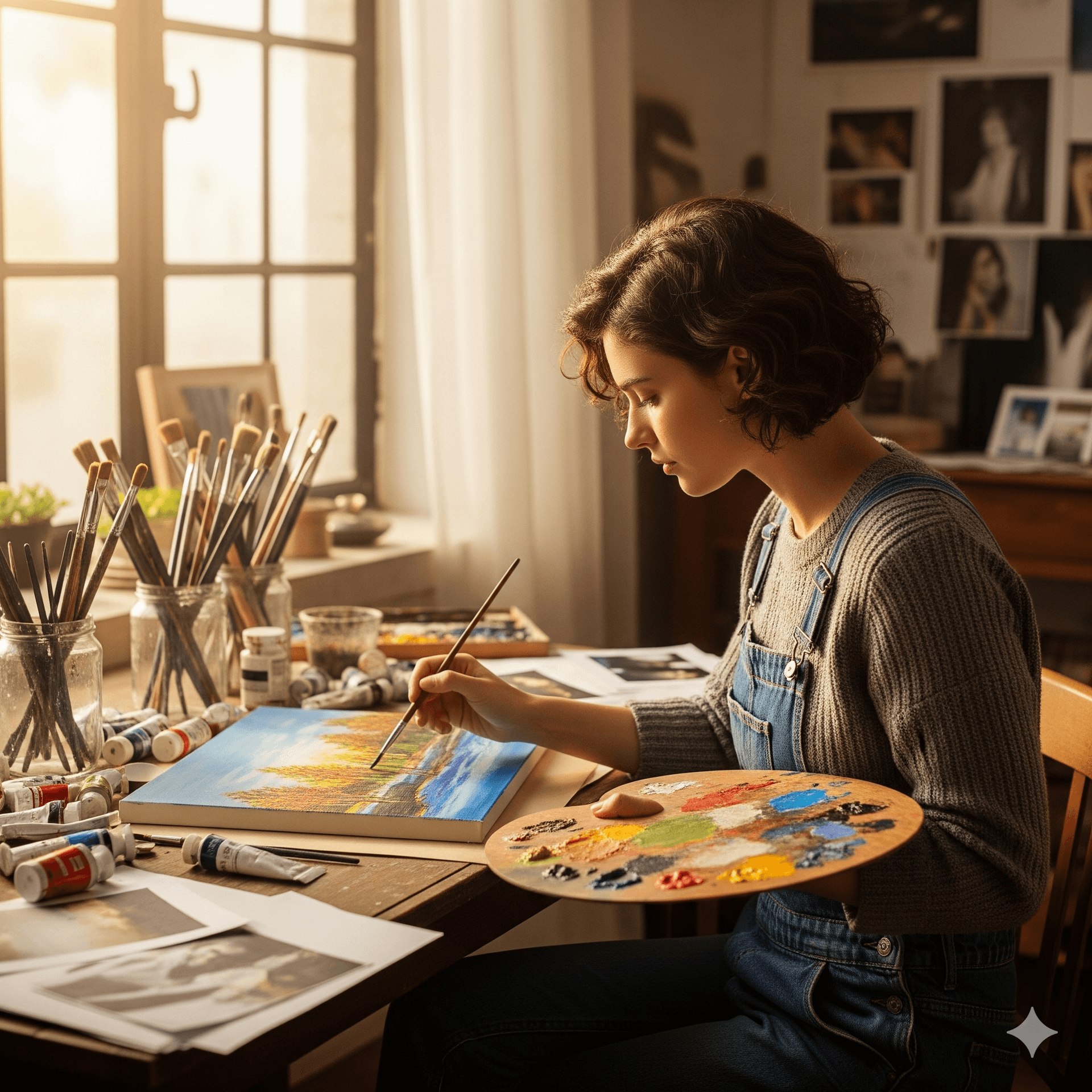 AI generated: A candid, cinematic photo of a woman in her twenties, wearing a gray sweater and denim overalls, sit...