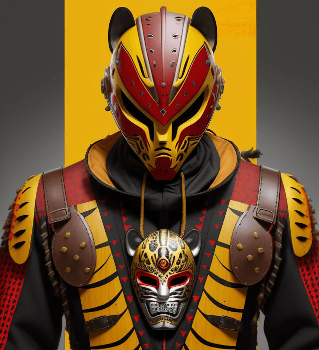 AI generated: , jaguar helmet type mask, warrior mask, high details, wood, zoque inspiration, vibrant colors yello...