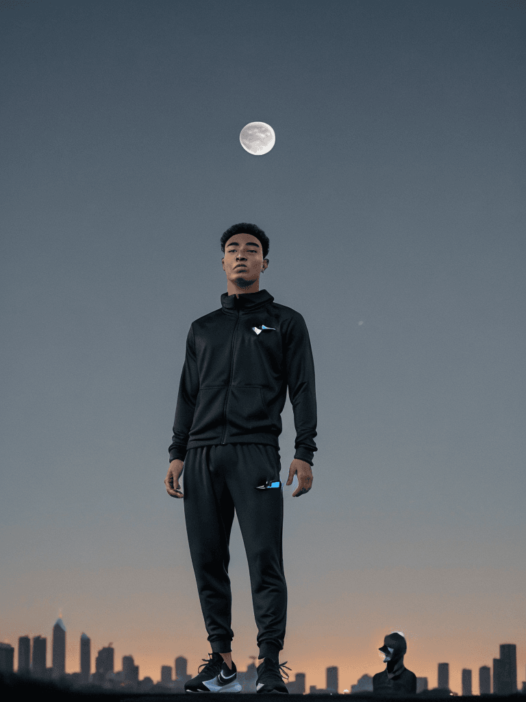 AI generated: young man moai head using nike tracksuit, night time, big full moon above the city lights in the bac...