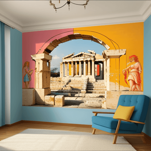 AI generated: bright beautiful colorful athens school, ancient greece, mural