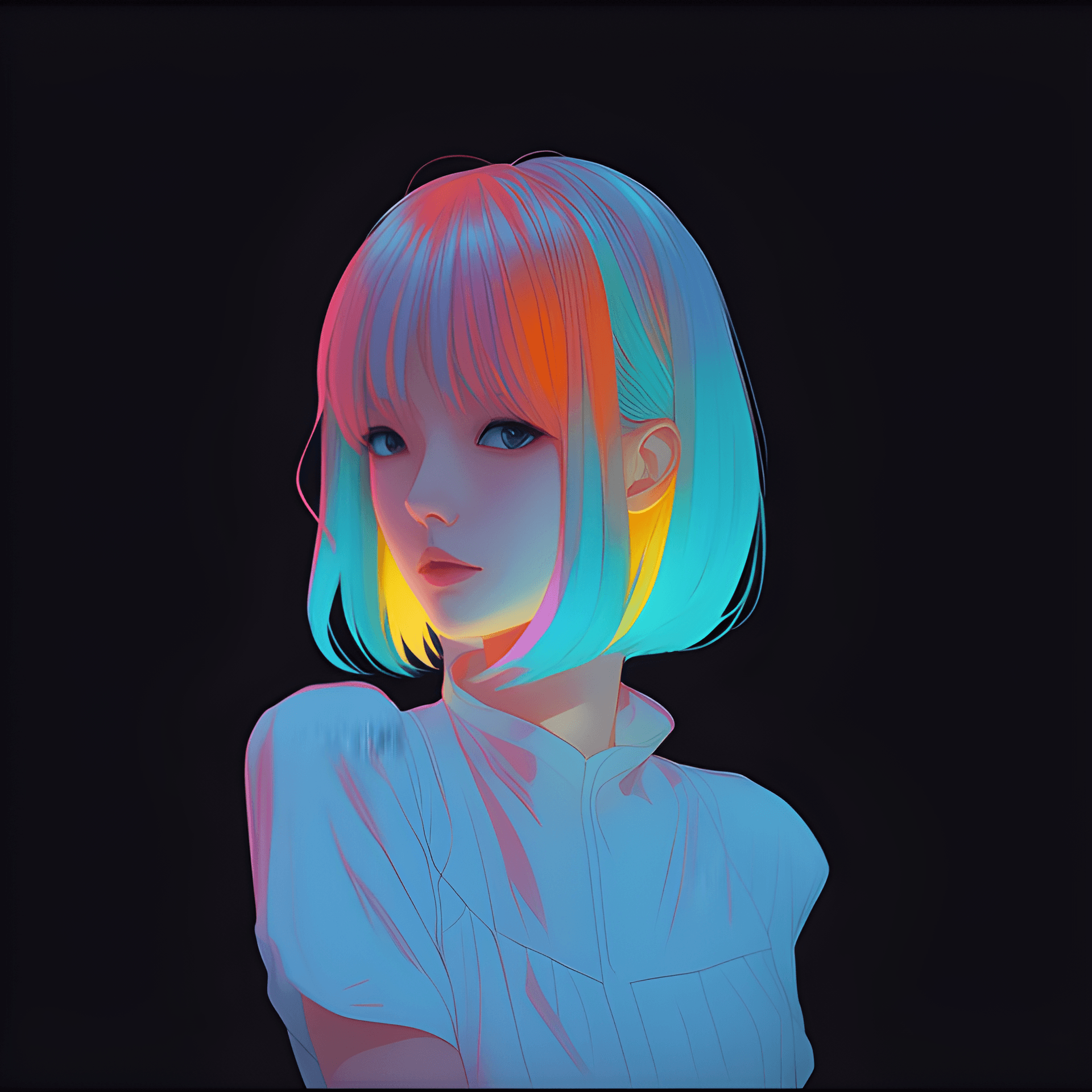 AI generated: a close up of a person with a colorful hair and a black background, anime style mixed with fujifilm,...