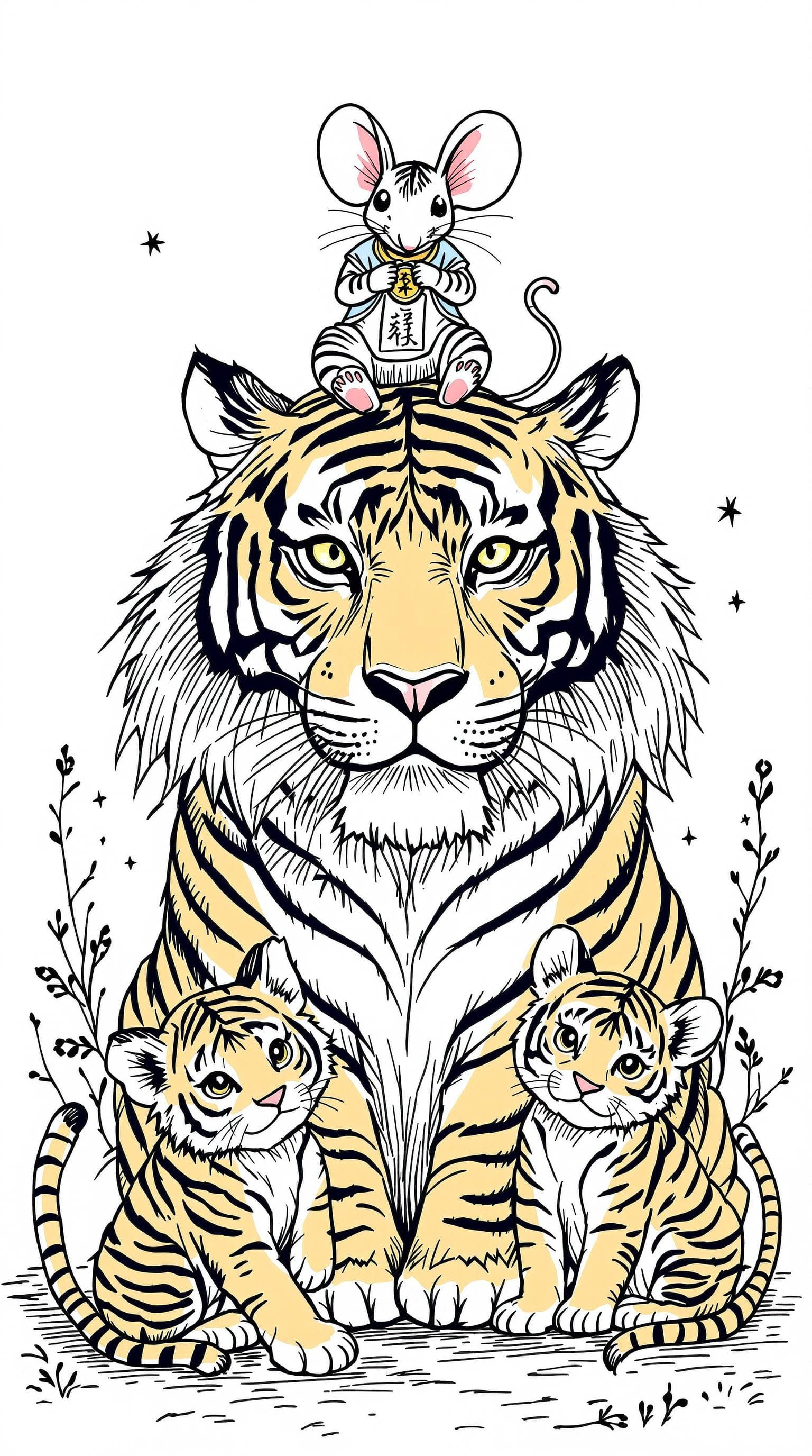 AI generated: Doodle Art,a tiger and two tiger cubs, and a oversized mouse ,with a mouse on the tiger's head, the ...