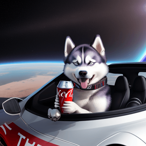 AI generated: a husky dog ​​drinking coke riding in a tesla car in space prompts
