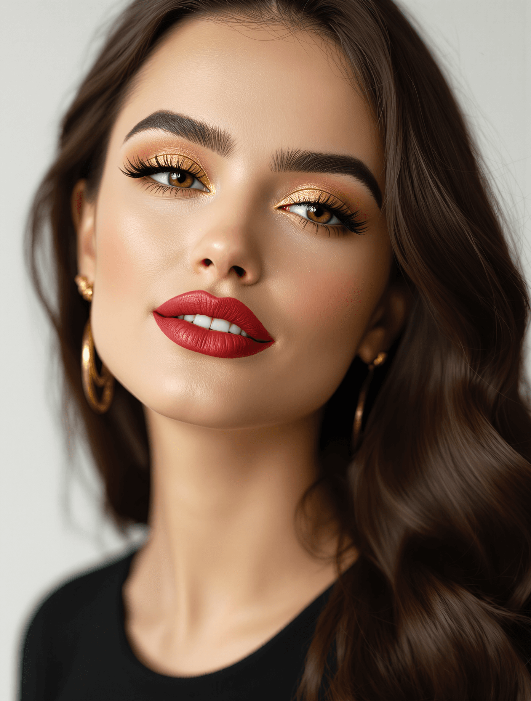 AI generated: Portrait of a captivating woman with soft, symmetrical features and a confident, knowing expression....