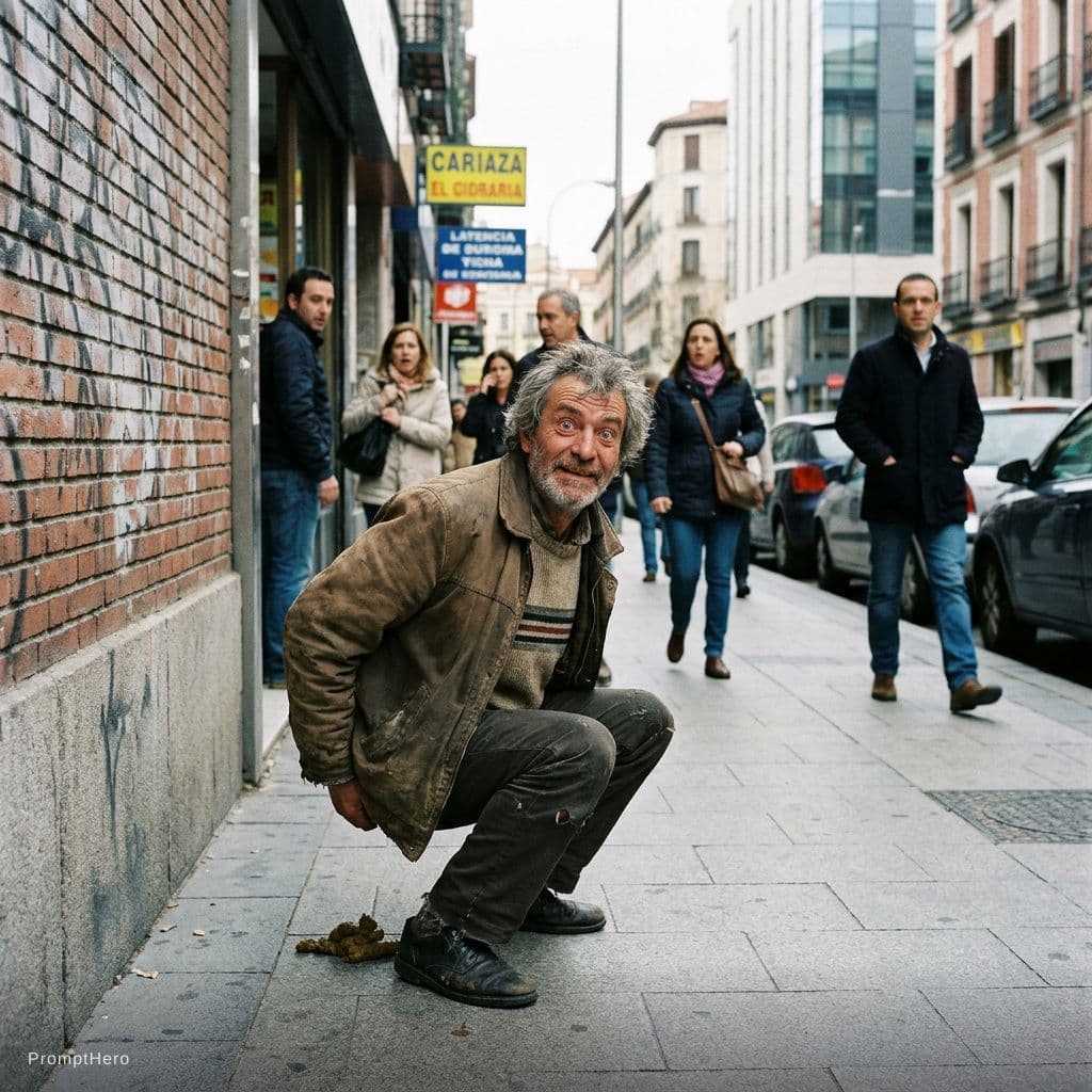 AI generated: tío cagando en la calle mientras mira a la gente a los ojos como si estuviera loco, con caca en el s...