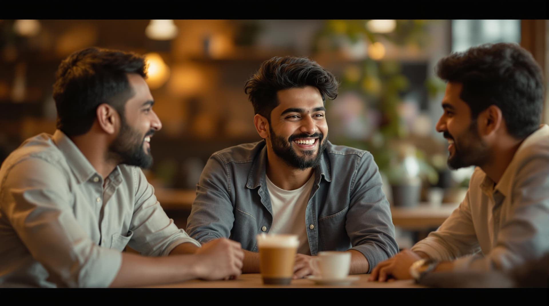 AI generated: (Cinematic UHD, group of Indian friends in a casual café, playfully teasing a young Indian man, laug...