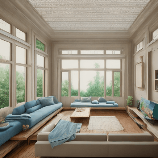 AI generated: High resolution photography interior design, dreamy sunken living room conversation pit, wooden floo...