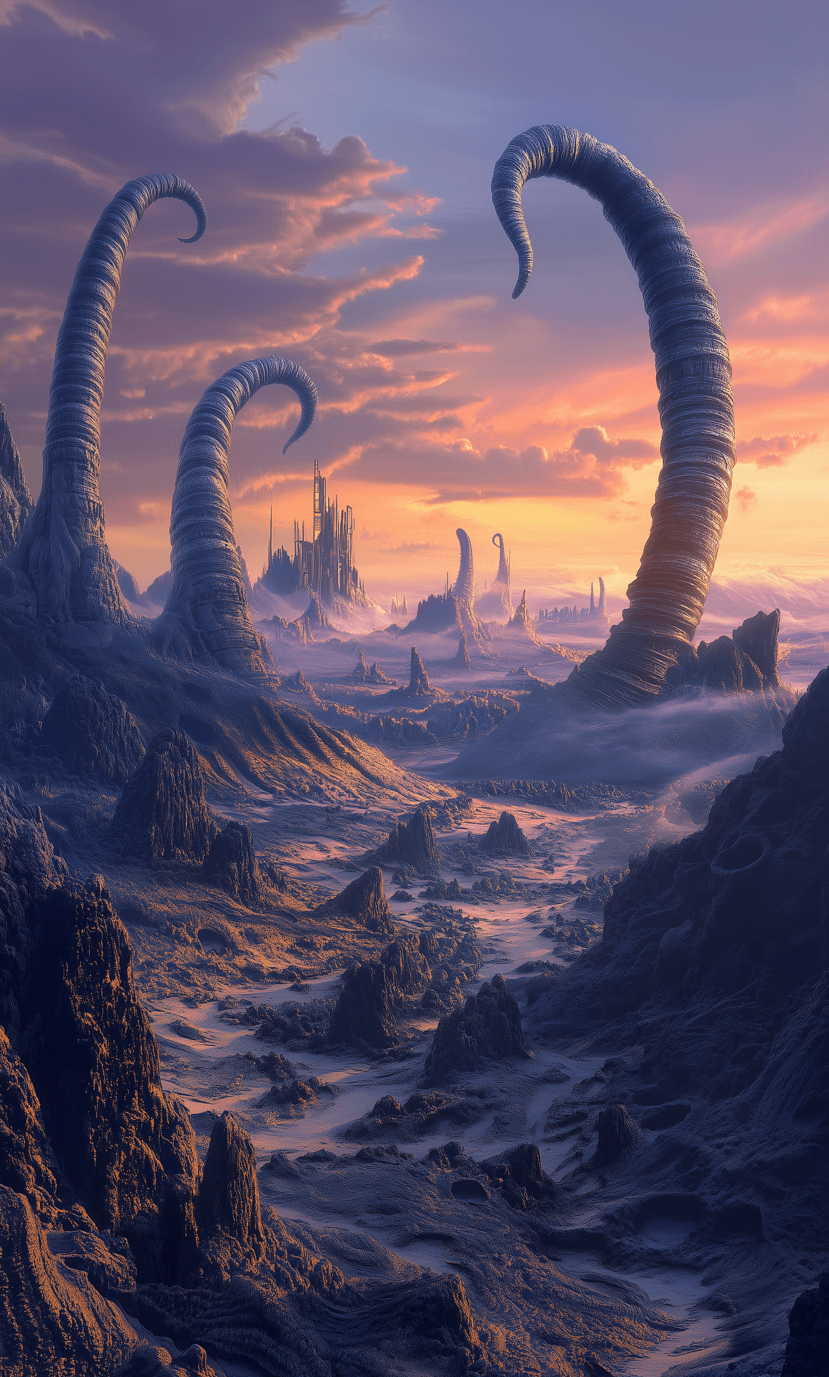 AI generated: Alien landscape with city and worm-like creatures in the foreground, pastel sky, dusk, in the style ...