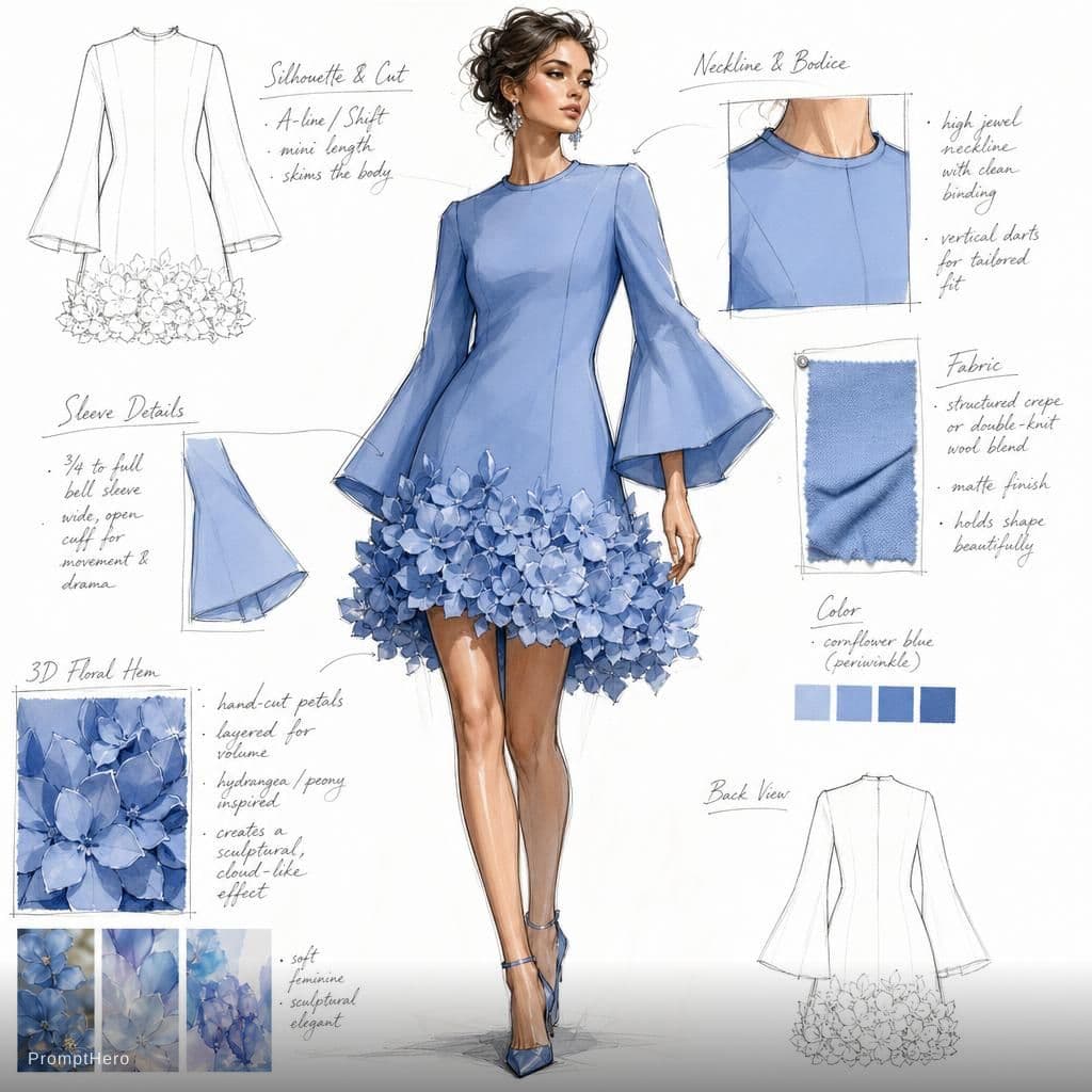 AI generated: Create a fashion illustration from this description flowing the sketch style and layout of the image...