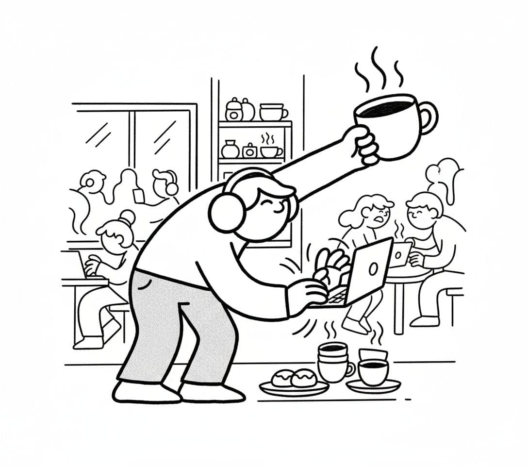 AI generated: Playful abstract black-and-white illustration of a freelancer working at coffee shop
, thick uneven...