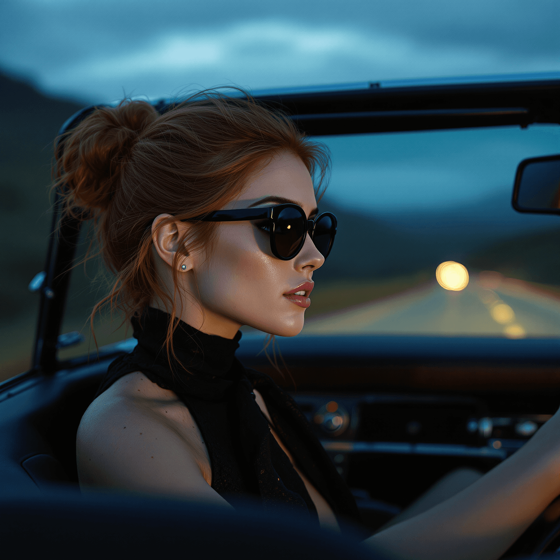 AI generated: High-resolution photograph of a slim, 36-year-old redheaded European woman driving a sleek cabriolet...