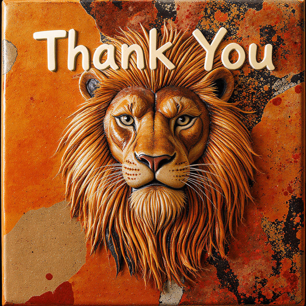 AI generated: a raku pottery of a lion raku pottery art style with the text 'Thank You'

